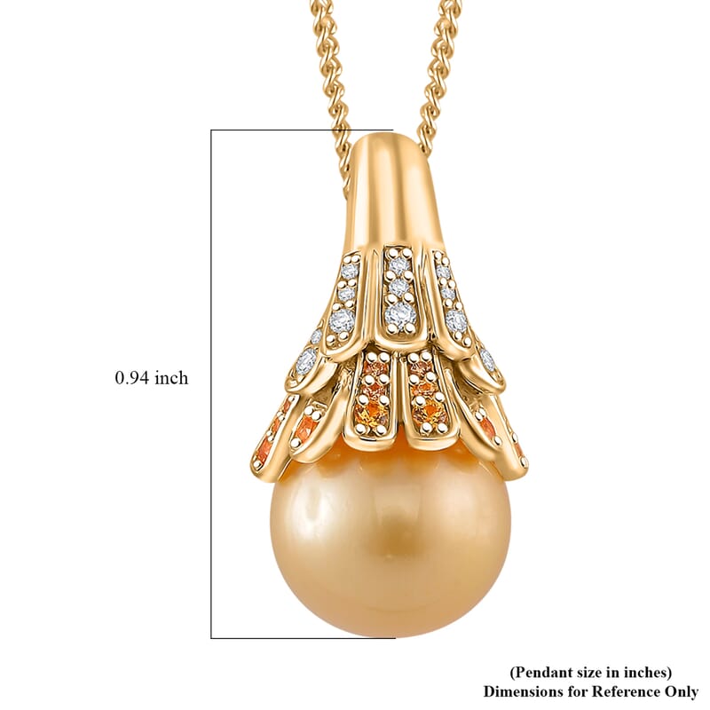 South Sea Golden Cultured Pearl 11-12mm and Multi Gemstone 0.40 ctw Crown Pendant Necklace in 18K Vermeil Yellow Gold Over Sterling Silver 20 Inches
