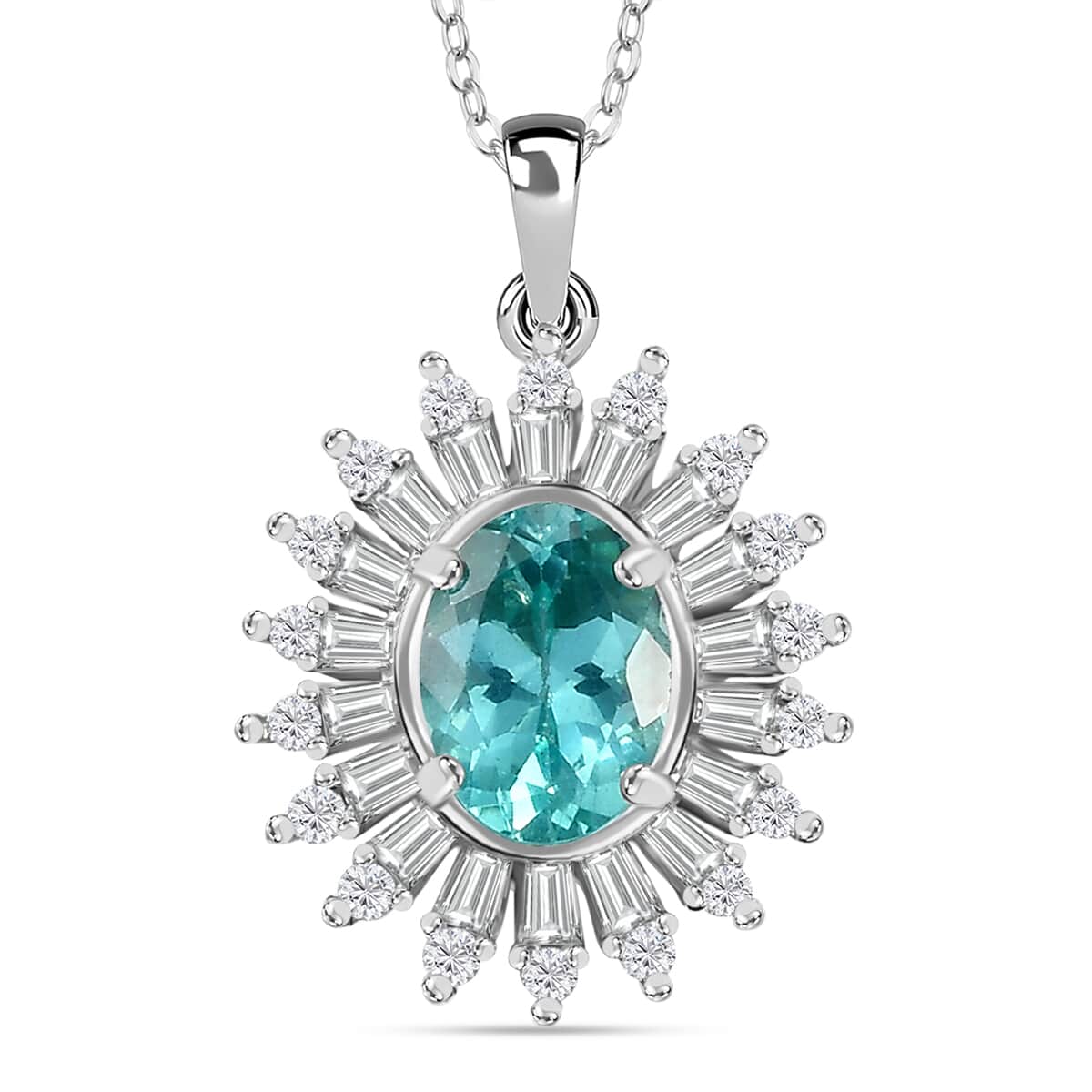 Madagascar Lagoon Apatite and Moissanite 2.00 ctw Stellar Ocean Radiance Pendant Necklace in Rhodium Over Sterling Silver 20 Inches image number 0