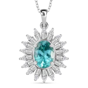 Madagascar Lagoon Apatite and Moissanite 2.00 ctw Stellar Ocean Radiance Pendant Necklace in Rhodium Over Sterling Silver 20 Inches