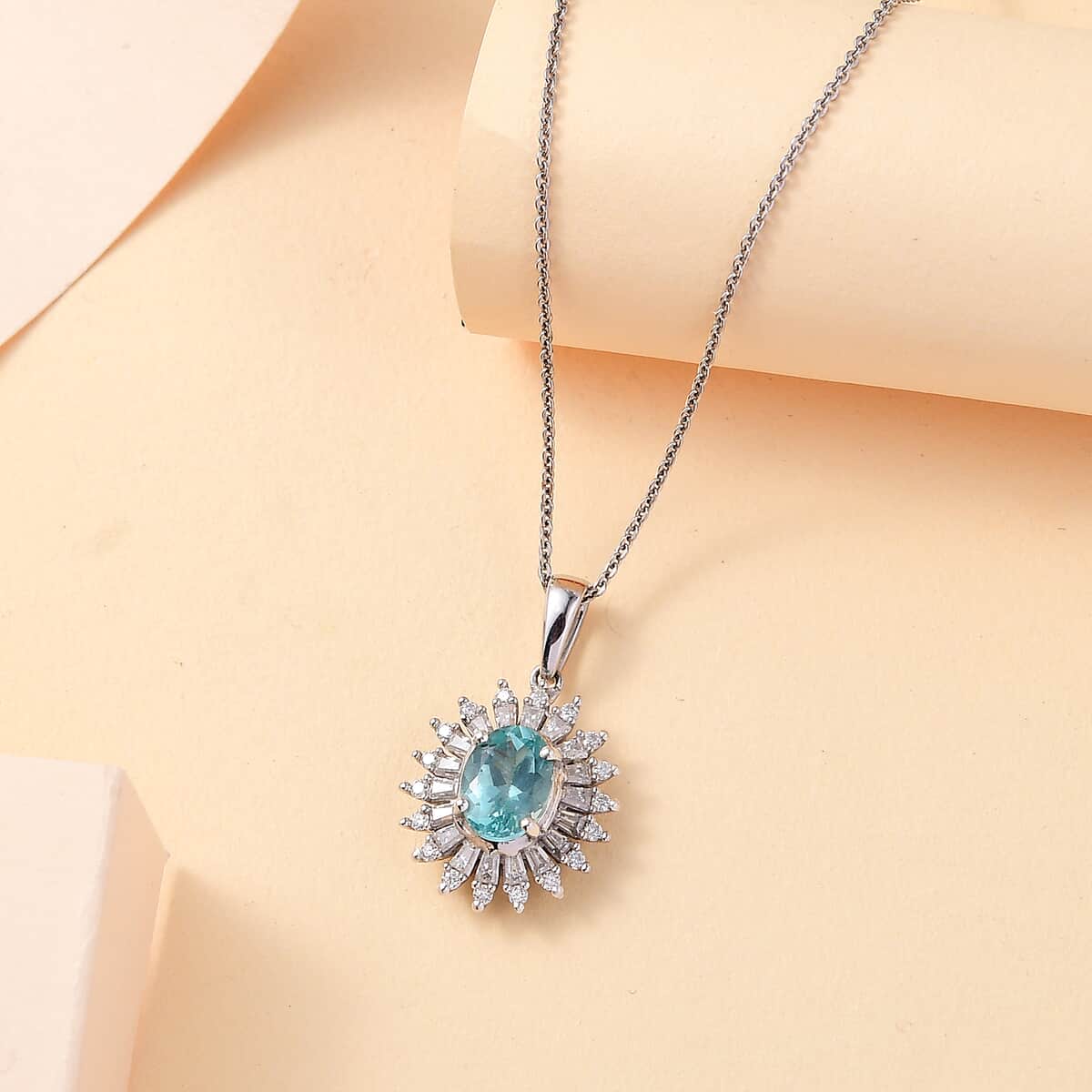 Madagascar Lagoon Apatite and Moissanite 2.00 ctw Stellar Ocean Radiance Pendant Necklace in Rhodium Over Sterling Silver 20 Inches image number 1