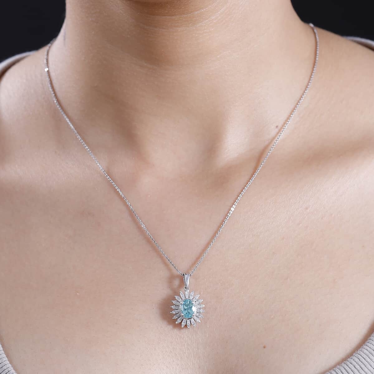 Madagascar Lagoon Apatite and Moissanite 2.00 ctw Stellar Ocean Radiance Pendant Necklace in Rhodium Over Sterling Silver 20 Inches image number 2