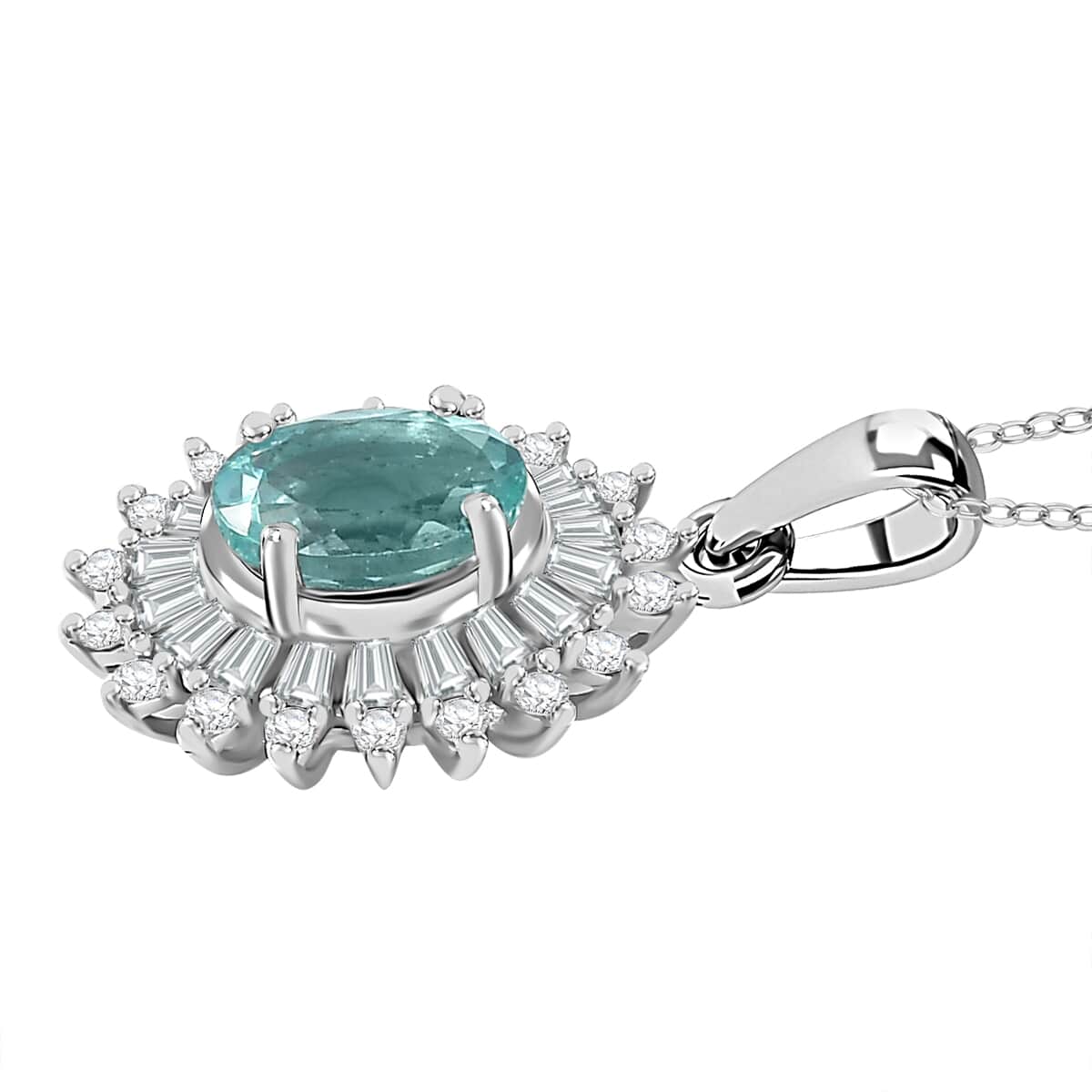 Madagascar Lagoon Apatite and Moissanite 2.00 ctw Stellar Ocean Radiance Pendant Necklace in Rhodium Over Sterling Silver 20 Inches image number 3