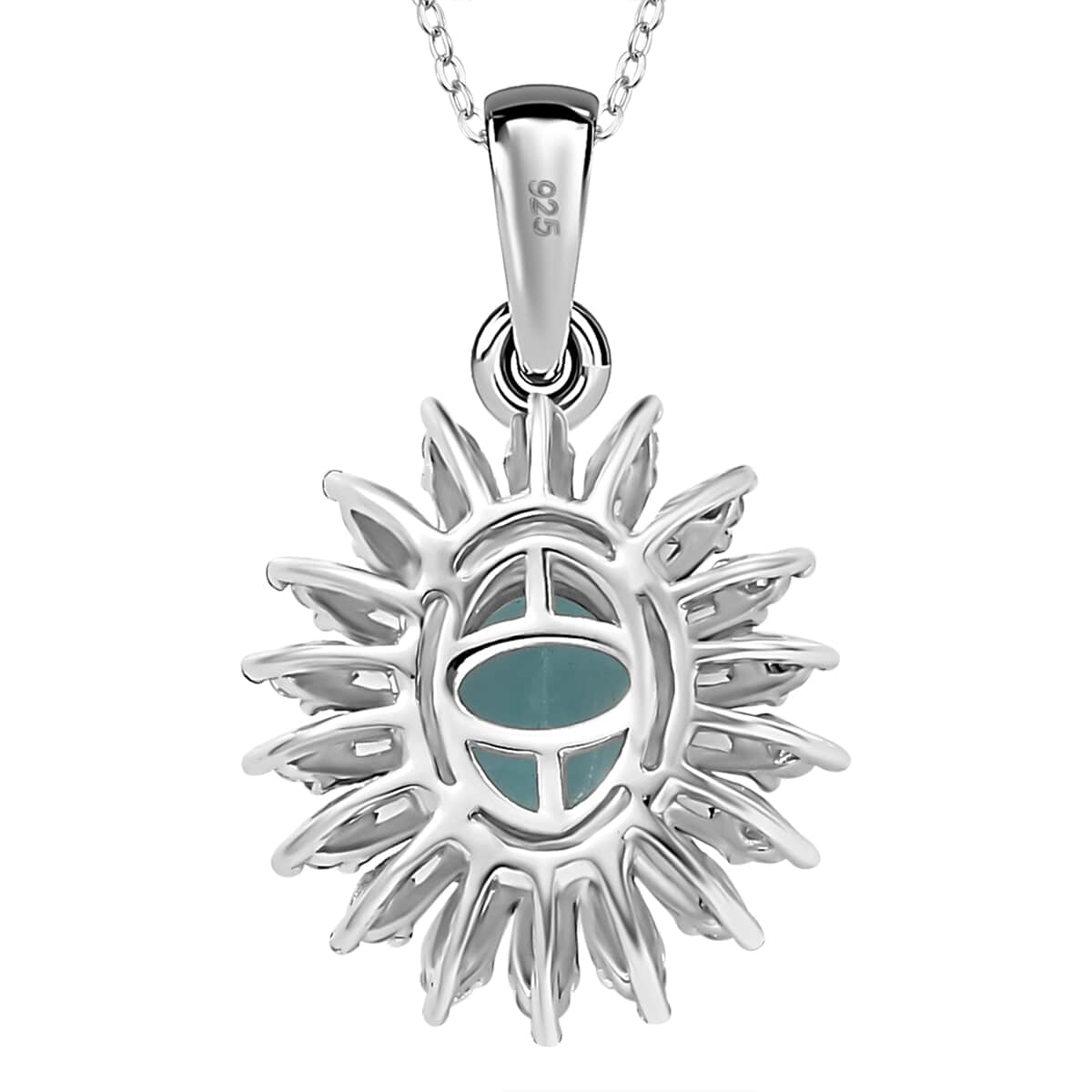 Madagascar Lagoon Apatite and Moissanite 2.00 ctw Stellar Ocean Radiance Pendant Necklace in Rhodium Over Sterling Silver 20 Inches image number 4