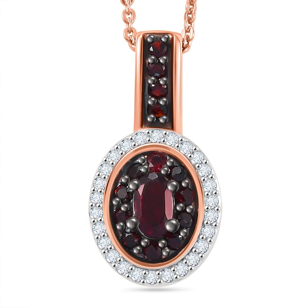 Premium Anthill Garnet and Moissanite 0.75 ctw Double Halo Pendant Necklace in 18K Vermeil Rose Gold Over Sterling Silver 20 Inches image number 0