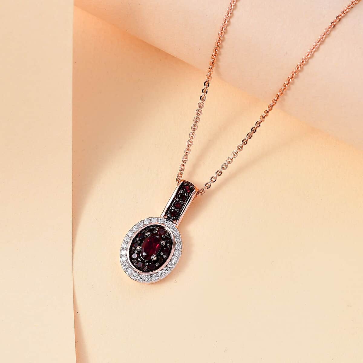 Premium Anthill Garnet and Moissanite 0.75 ctw Double Halo Pendant Necklace in 18K Vermeil Rose Gold Over Sterling Silver 20 Inches image number 1