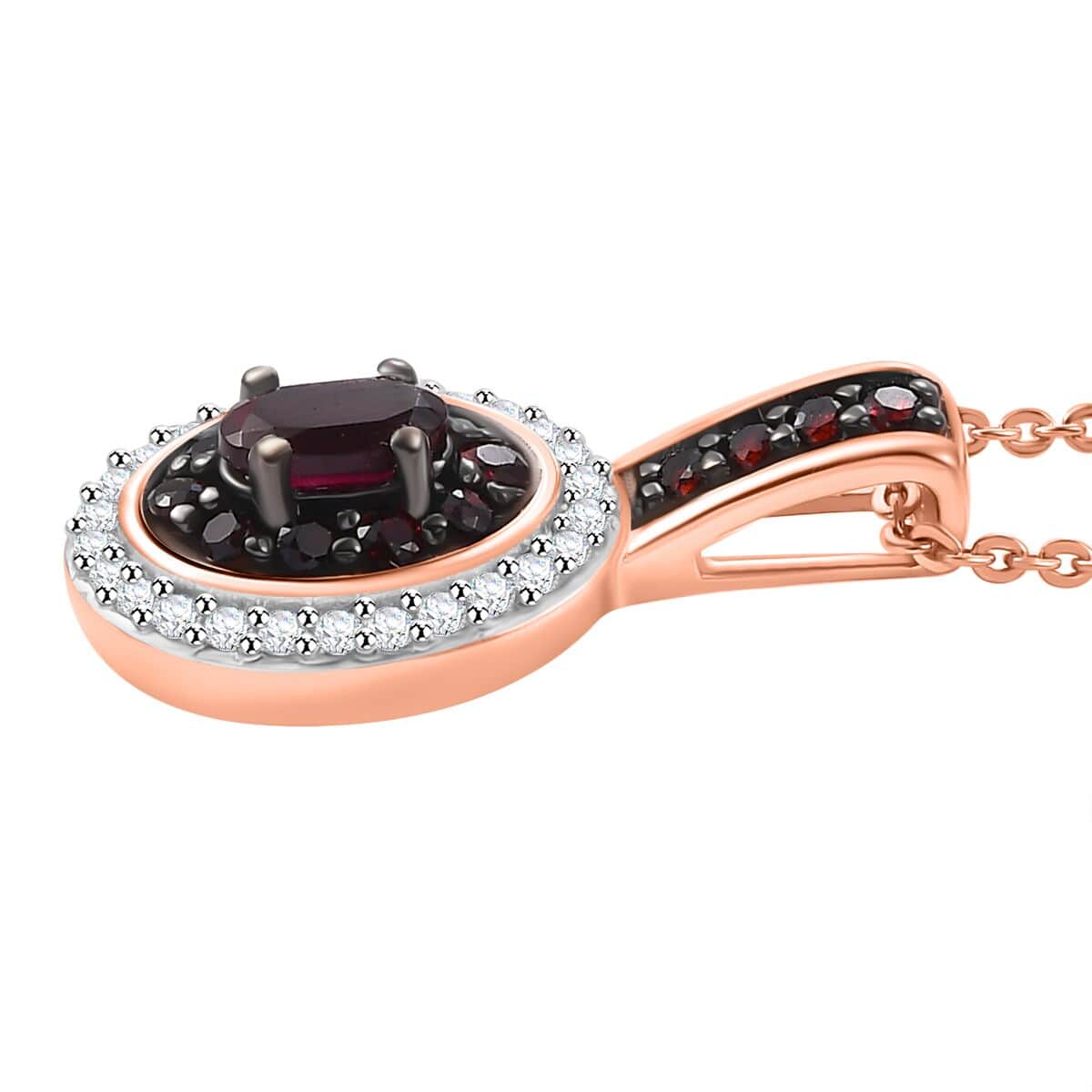 Premium Anthill Garnet and Moissanite 0.75 ctw Double Halo Pendant Necklace in 18K Vermeil Rose Gold Over Sterling Silver 20 Inches image number 3