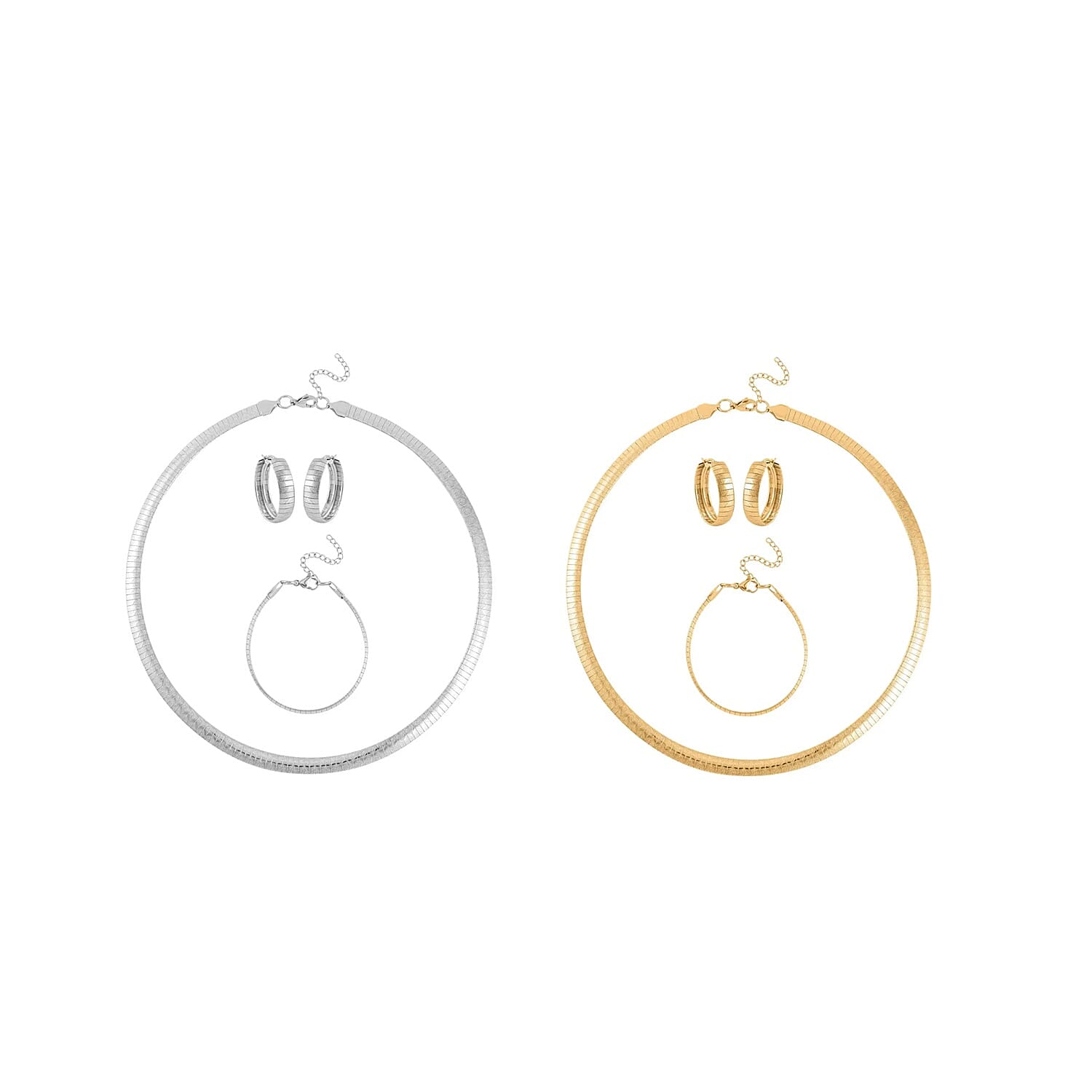 Set of 2, Omega Zig-Zag Texture Chain Necklace 20-22 Inches and Bracelet (7.50-9.50In) and Earrings in ION Plated YG and Stainless Steel