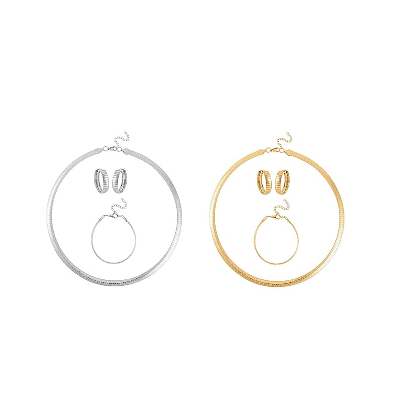 Set of 2, Omega Zig-Zag Texture Chain Necklace 20-22 Inches and Bracelet (7.50-9.50In) and Earrings in ION Plated YG and Stainless Steel