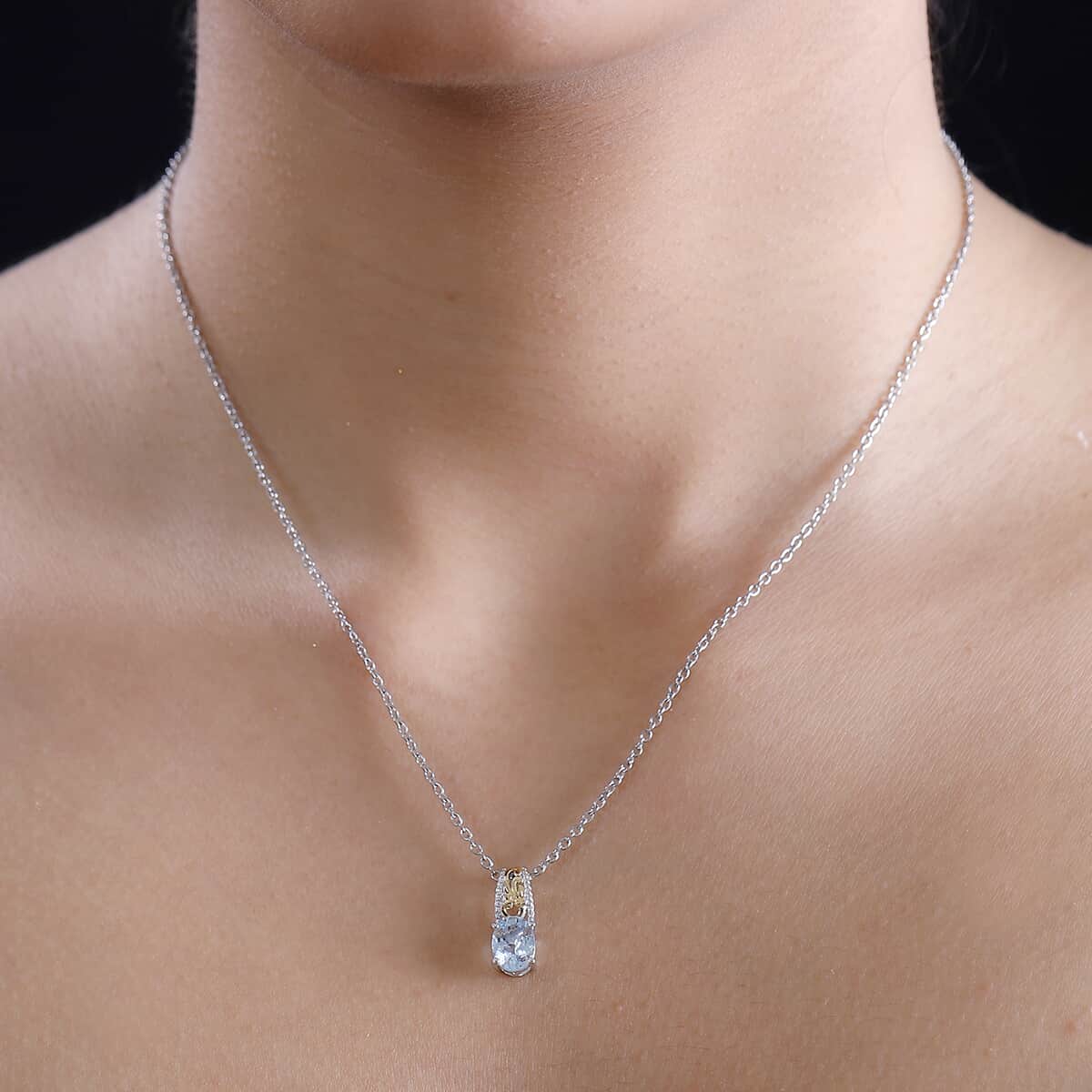 Mangoro Aquamarine 1.10 ctw Solitaire Pendant Necklace in 18K Vermeil YG and Rhodium Over Sterling Silver 20 Inches image number 2