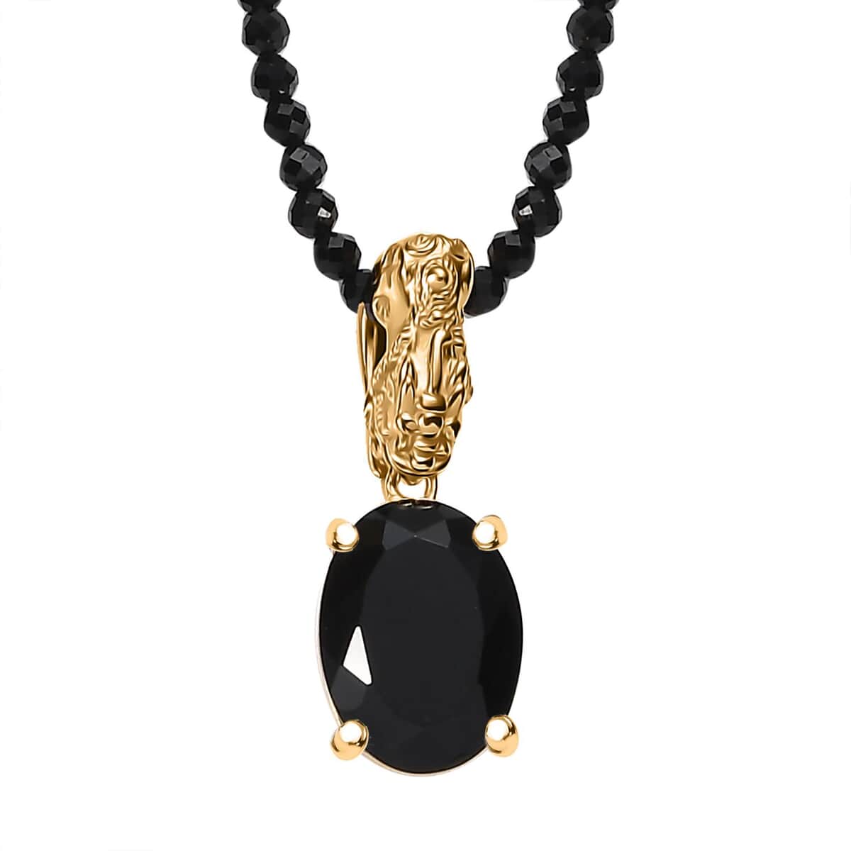 California Black Jade Pixiu Pendant with Thai Black Spinel 84.70 ctw Beaded Necklace in 18K Vermeil Yellow Gold Over Sterling Silver 20 Inches  image number 0