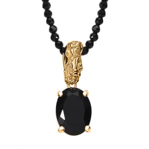 California Black Jade Pixiu Pendant with Thai Black Spinel 84.70 ctw Beaded Necklace in 18K Vermeil Yellow Gold Over Sterling Silver 20 Inches 