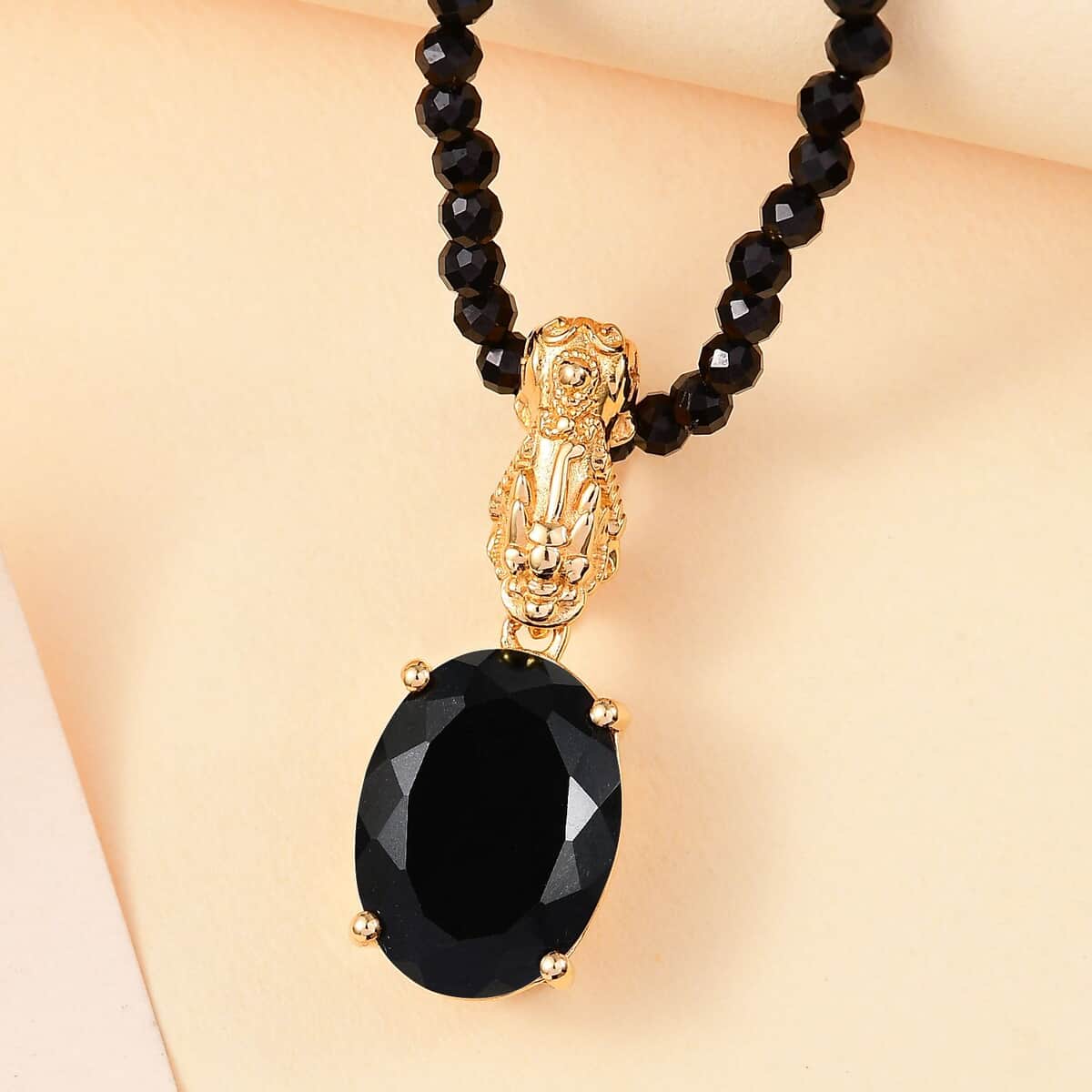 California Black Jade Pixiu Pendant with Thai Black Spinel 84.70 ctw Beaded Necklace in 18K Vermeil Yellow Gold Over Sterling Silver 20 Inches  image number 1