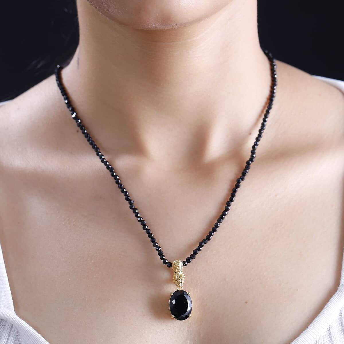 California Black Jade Pixiu Pendant with Thai Black Spinel 84.70 ctw Beaded Necklace in 18K Vermeil Yellow Gold Over Sterling Silver 20 Inches  image number 2