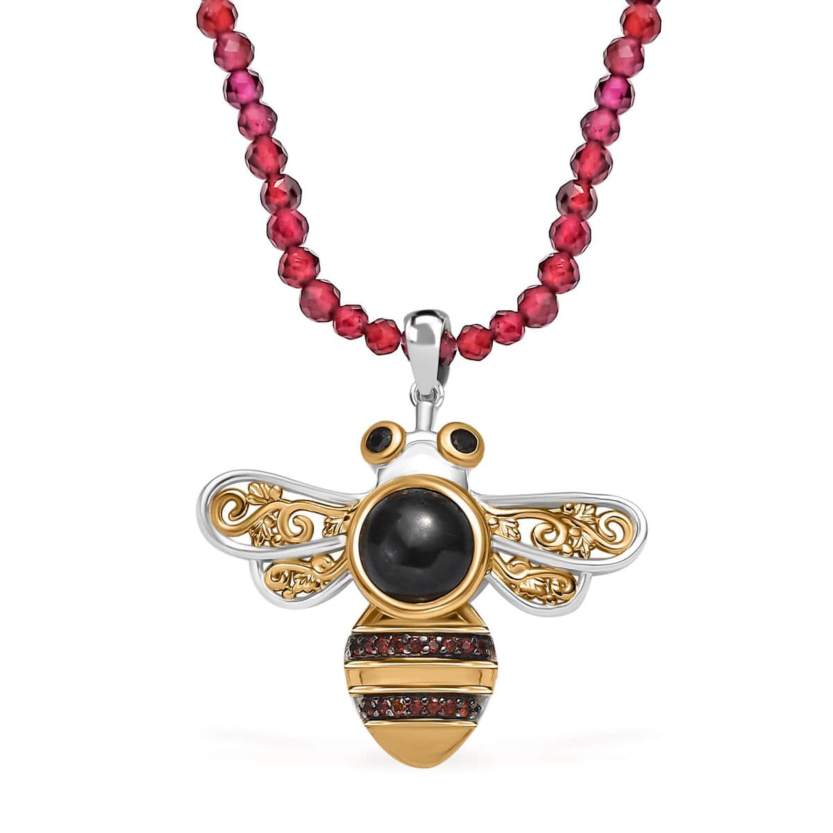 California Black Jade and Muti Gemstone 22.65 ctw Bee Pendant with Beaded Necklace in 18K Vermeil YG and Rhodium Over Sterling Silver 20 Inches image number 0