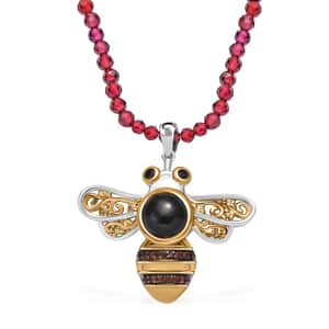 California Black Jade and Muti Gemstone 22.65 ctw Bee Pendant with Beaded Necklace in 18K Vermeil YG and Rhodium Over Sterling Silver 20 Inches