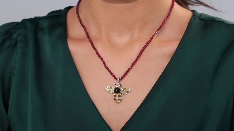 California Black Jade and Muti Gemstone 22.65 ctw Bee Pendant with Beaded Necklace in 18K Vermeil YG and Rhodium Over Sterling Silver 20 Inches
