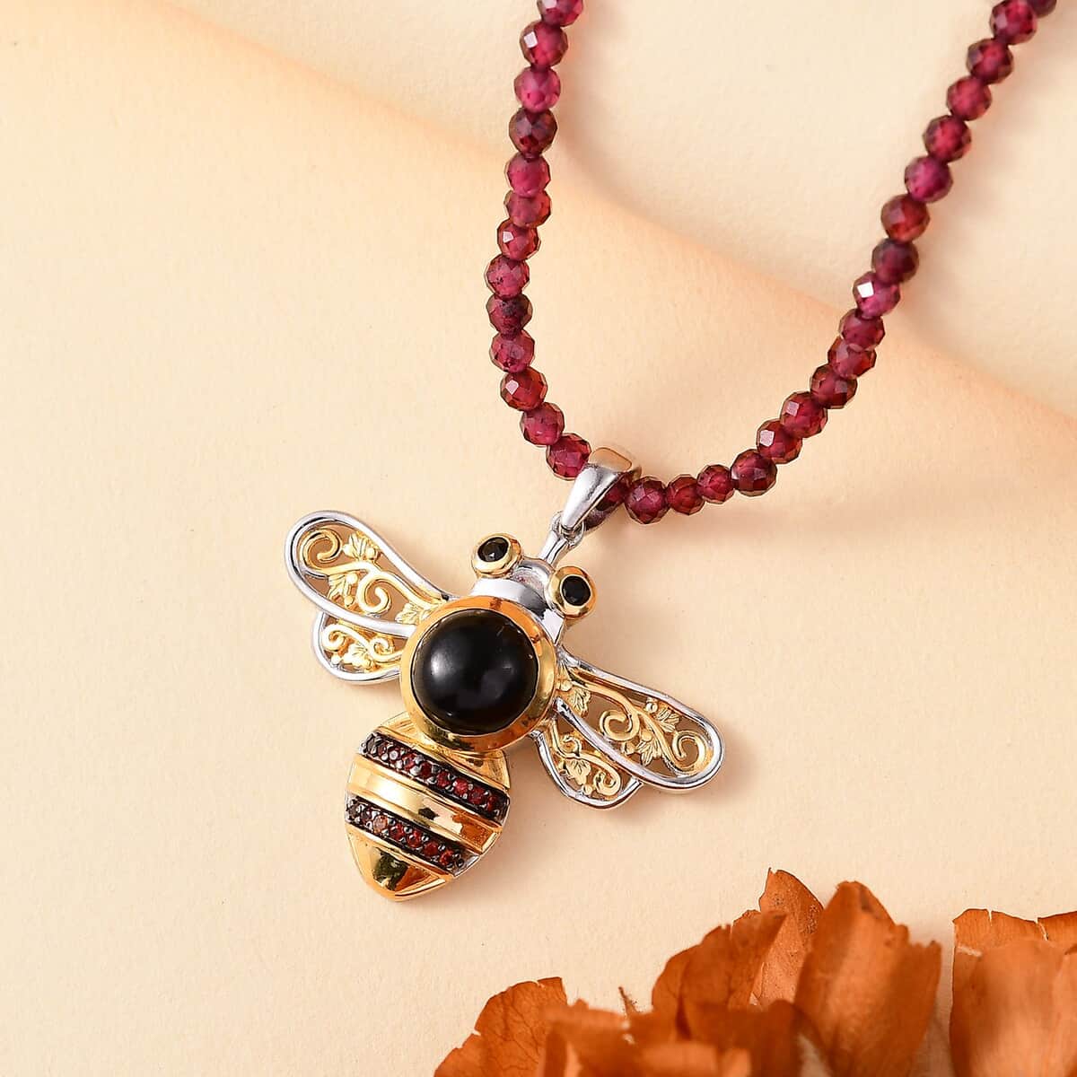 California Black Jade and Muti Gemstone 22.65 ctw Bee Pendant with Beaded Necklace in 18K Vermeil YG and Rhodium Over Sterling Silver 20 Inches image number 1