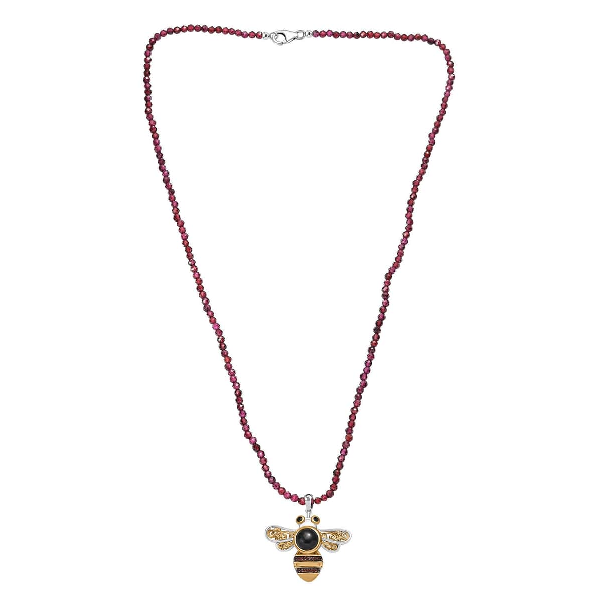 California Black Jade and Muti Gemstone 22.65 ctw Bee Pendant with Beaded Necklace in 18K Vermeil YG and Rhodium Over Sterling Silver 20 Inches image number 3