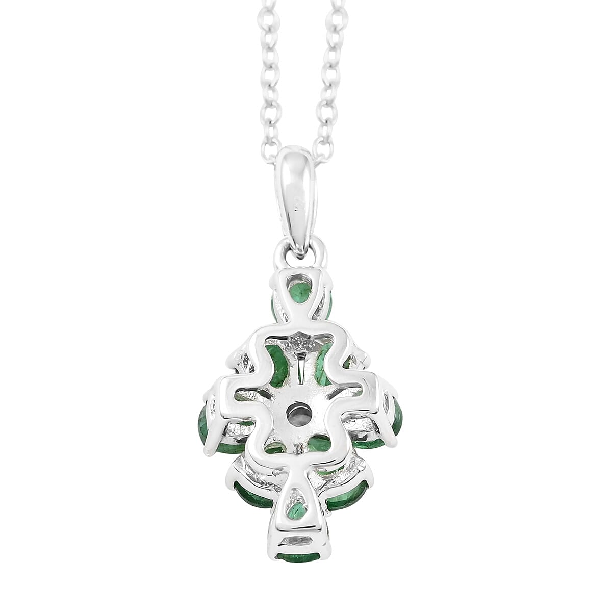 AAA Kagem Emerald and Natural White Zircon Floral Pendant Necklace 18-19.5 Inches in Rhodium Over Sterling Silver 1.15 ctw
