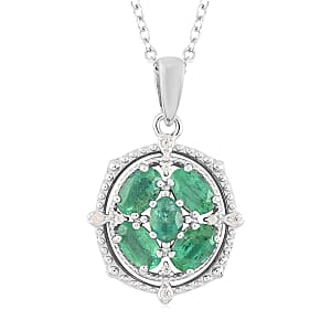 AAA Kagem Emerald and Natural White Zircon Floral Pendant Necklace 18-19.50 Inches in Rhodium Over Sterling Silver 1.10 ctw