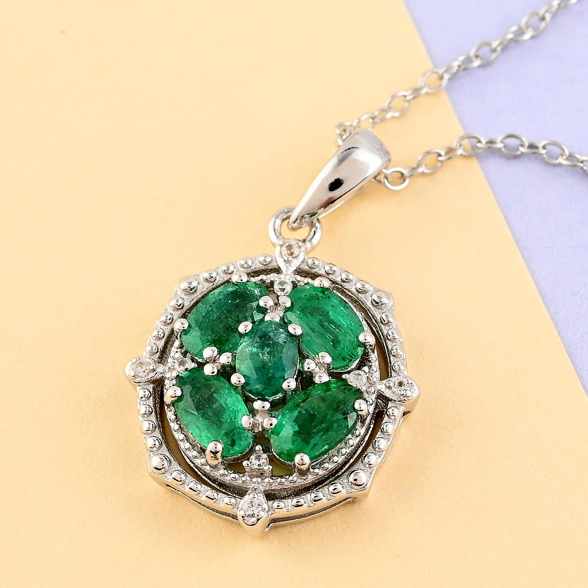 AAA Kagem Emerald and Natural White Zircon Floral Pendant Necklace 18-19.50 Inches in Rhodium Over Sterling Silver 1.10 ctw image number 1