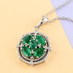 AAA Kagem Emerald and Natural White Zircon Floral Pendant Necklace 18-19.50 Inches in Rhodium Over Sterling Silver 1.10 ctw