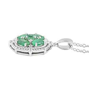 AAA Kagem Emerald and Natural White Zircon Floral Pendant Necklace 18-19.50 Inches in Rhodium Over Sterling Silver 1.10 ctw