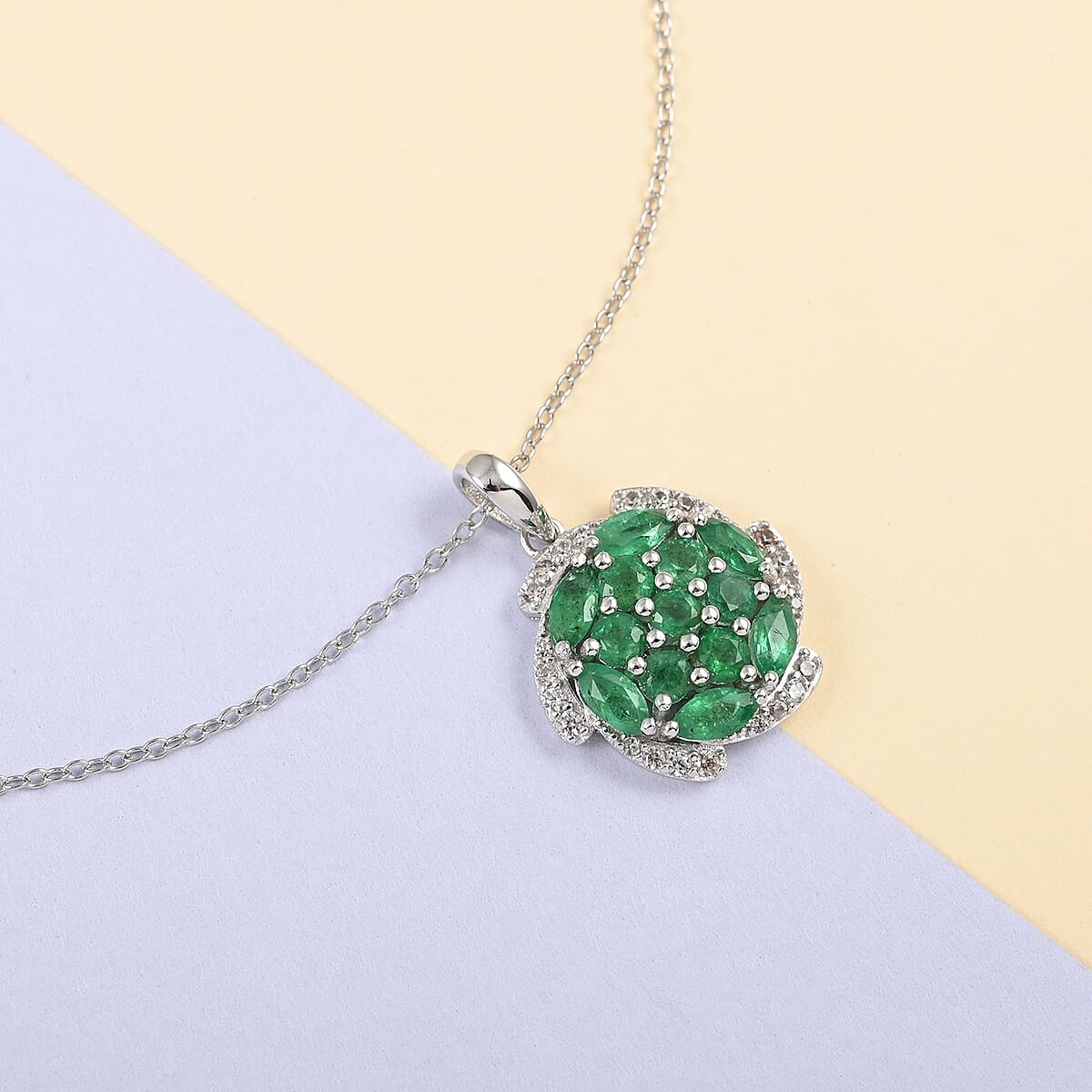 AAA Kagem Emerald and White Zircon Pendant Necklace 18-19.5 Inches in Rhodium Over Sterling Silver 1.80 ctw image number 1