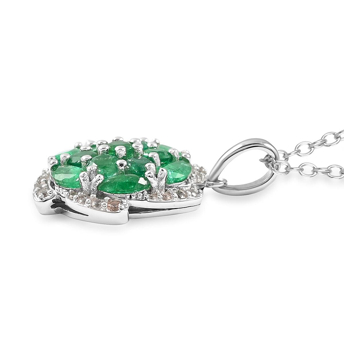 AAA Kagem Emerald and White Zircon Pendant Necklace 18-19.5 Inches in Rhodium Over Sterling Silver 1.80 ctw image number 3