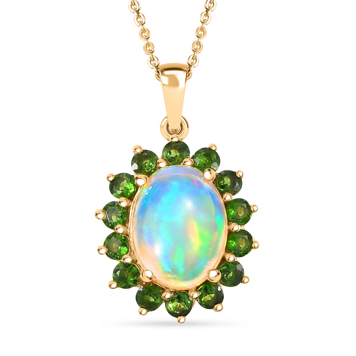 Premium Ethiopian Welo Opal, Chrome Diopside Sunburst Pendant Necklace (20 Inches) in 18K Vermeil YG Over Sterling Silver 1.70 ctw image number 0