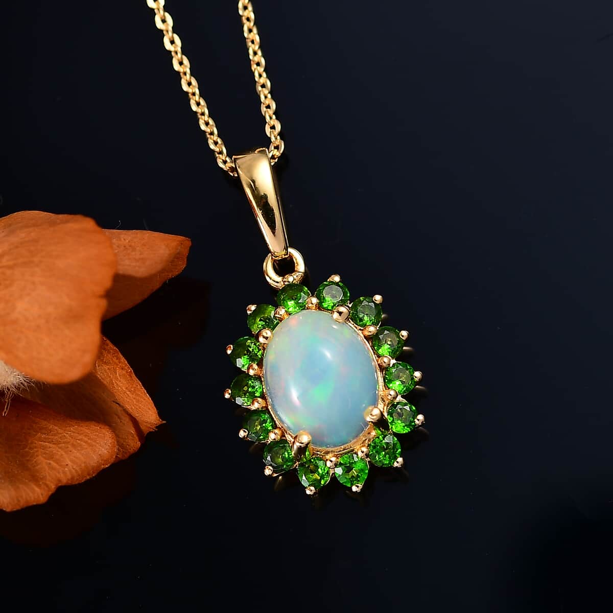 Premium Ethiopian Welo Opal, Chrome Diopside Sunburst Pendant Necklace (20 Inches) in 18K Vermeil YG Over Sterling Silver 1.70 ctw image number 2