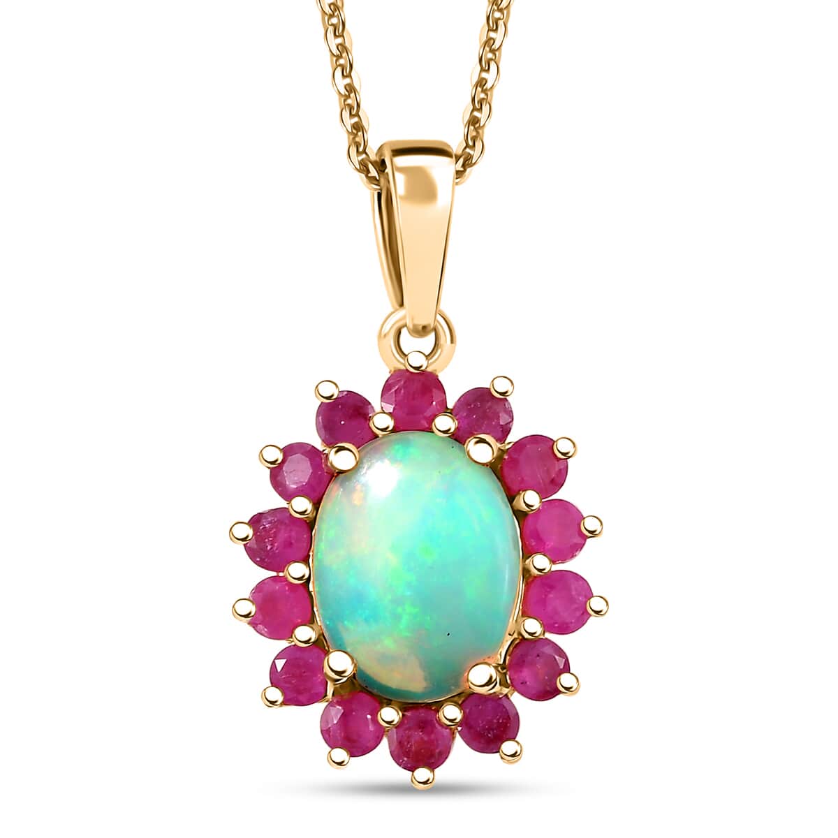 Premium Ethiopian Welo Opal and Niassa Ruby (FF) 1.80 ctw Dahlia Flower Pendant Necklace in 18K Vermeil Yellow Gold Over Sterling Silver 20 Inches image number 0