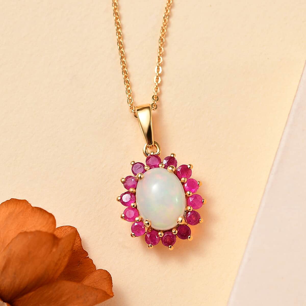 Premium Ethiopian Welo Opal and Niassa Ruby (FF) 1.80 ctw Dahlia Flower Pendant Necklace in 18K Vermeil Yellow Gold Over Sterling Silver 20 Inches image number 1