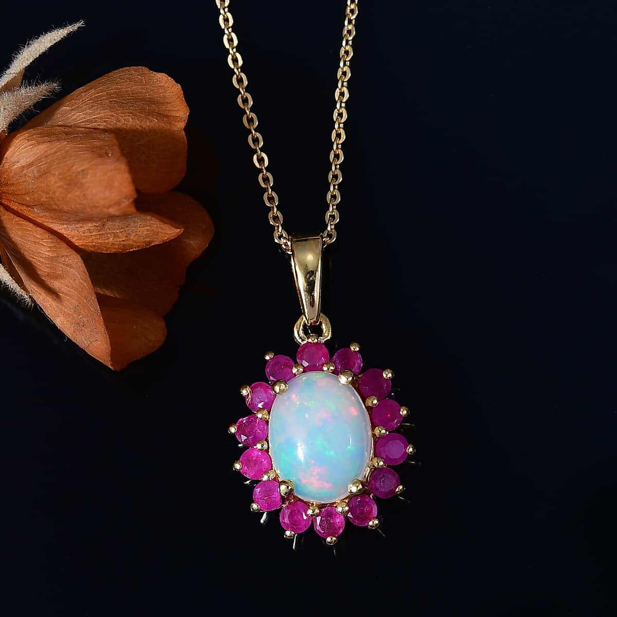 Premium Ethiopian Welo Opal and Niassa Ruby (FF) 1.80 ctw Dahlia Flower Pendant Necklace in 18K Vermeil Yellow Gold Over Sterling Silver 20 Inches image number 2