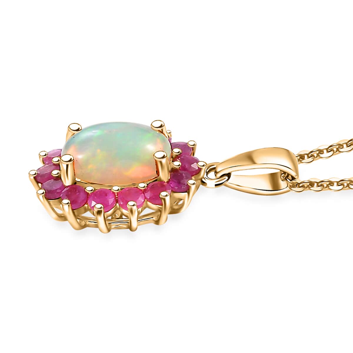 Premium Ethiopian Welo Opal and Niassa Ruby (FF) 1.80 ctw Dahlia Flower Pendant Necklace in 18K Vermeil Yellow Gold Over Sterling Silver 20 Inches image number 4