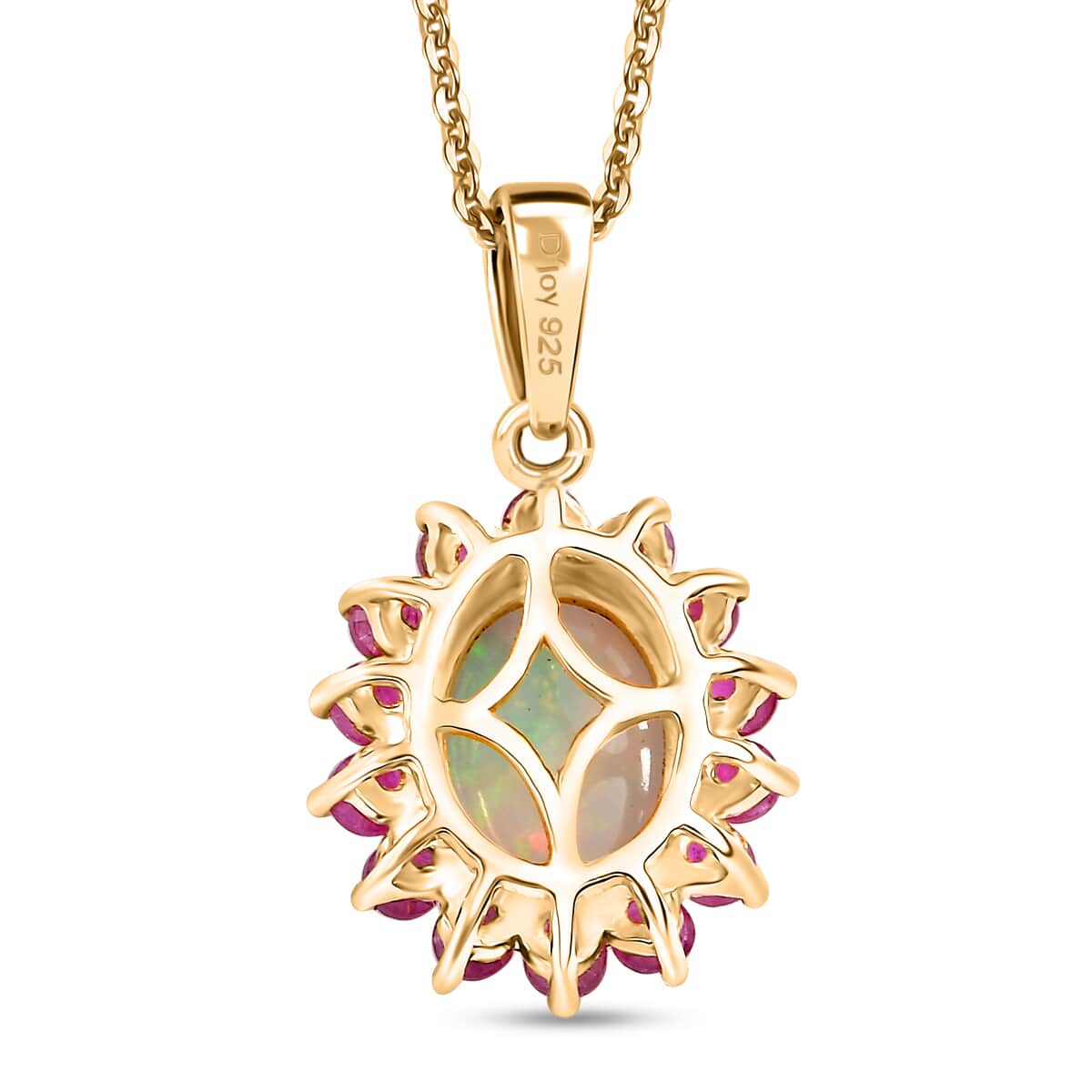 Premium Ethiopian Welo Opal and Niassa Ruby (FF) 1.80 ctw Dahlia Flower Pendant Necklace in 18K Vermeil Yellow Gold Over Sterling Silver 20 Inches image number 5