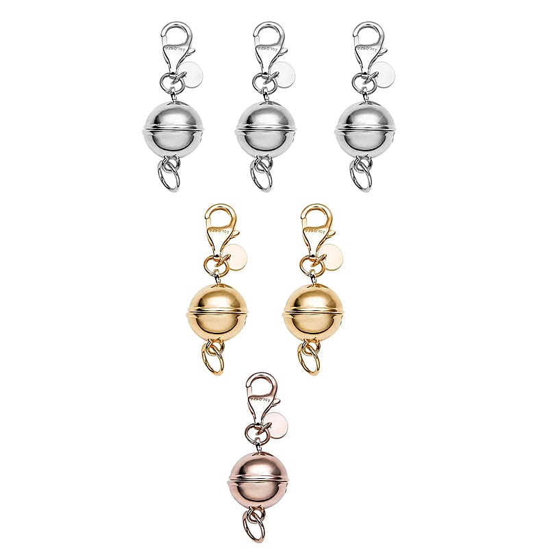 Set of 6 Rhodium, 14K YG and RG Over Sterling Silver 9mm Round Magnetic Lock with Lobster Clasp (14.82 g)