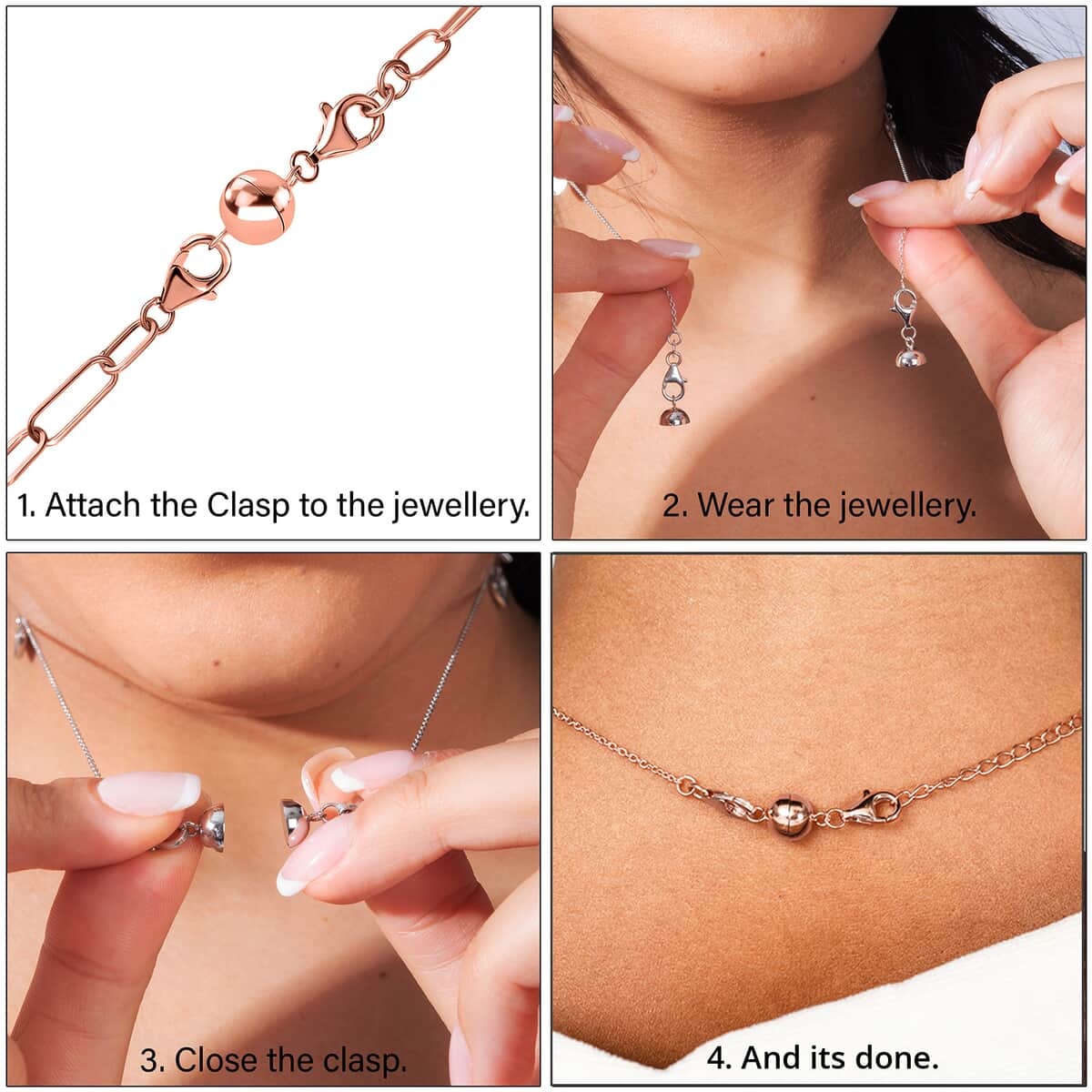 Set of 6 Rhodium, 14K Yellow Gold and Rose Gold Over Sterling Silver 9mm Round Magnetic Lock with Lobster Clasp 14.82 Grams image number 3