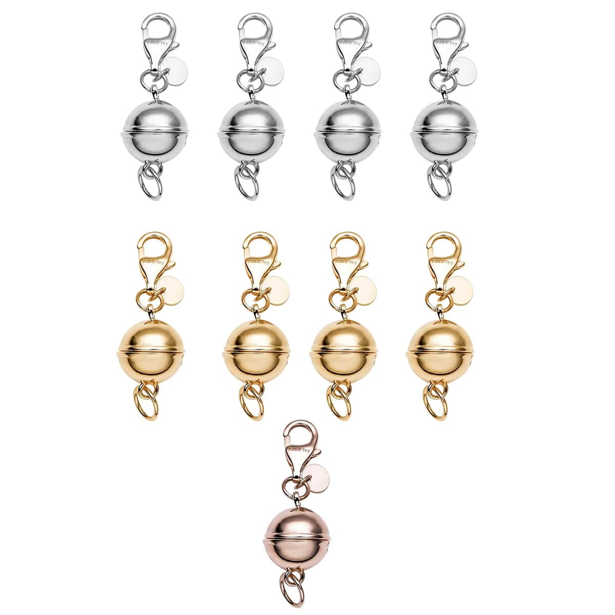 Set of 9 Rhodium, 14K Yellow Gold and Rose Gold Over Sterling Silver 9mm Round Magnetic Lock with Lobster Clasp 22.23 Grams image number 0