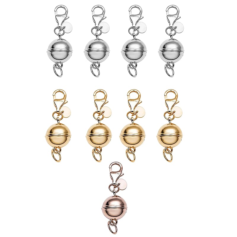 Set of 9 Rhodium, 14K YG and RG Over Sterling Silver 9mm Round Magnetic Lock with Lobster Clasp (22.23 g)