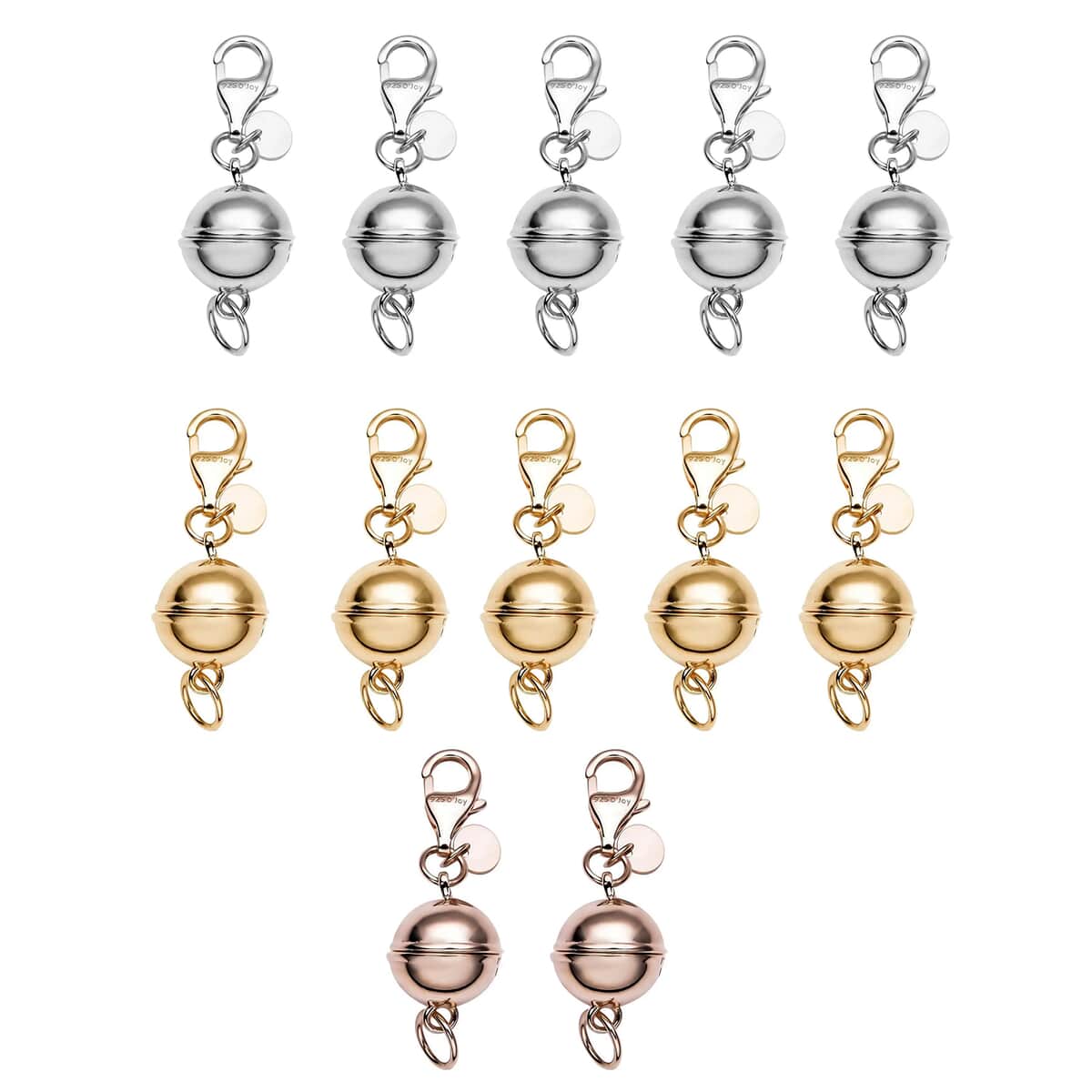 Set of 12 Rhodium, 14K Yellow Gold and Rose Gold Over Sterling Silver 9mm Round Magnetic Lock with Lobster Clasp 29.64 Grams image number 0