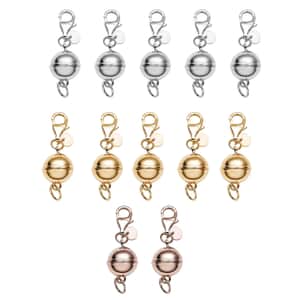 Set of 12 Rhodium, 14K Yellow Gold and Rose Gold Over Sterling Silver 9mm Round Magnetic Lock with Lobster Clasp 29.64 Grams