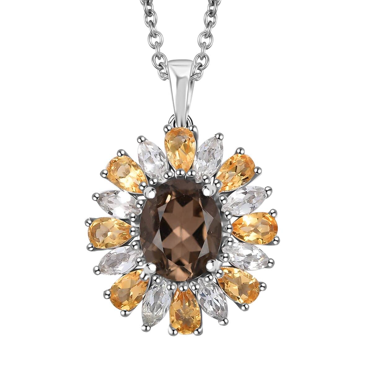 Brazilian Smoky Quartz and Multi Gemstone 5.50 ctw Sunlit Blossom Pendant in Rhodium Over Sterling Silver with Stainless Steel Necklace 20 Inches image number 0