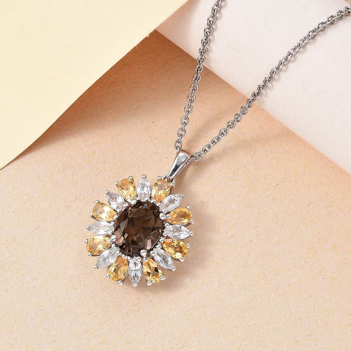 Brazilian Smoky Quartz and Multi Gemstone 5.50 ctw Sunlit Blossom Pendant in Rhodium Over Sterling Silver with Stainless Steel Necklace 20 Inches image number 1