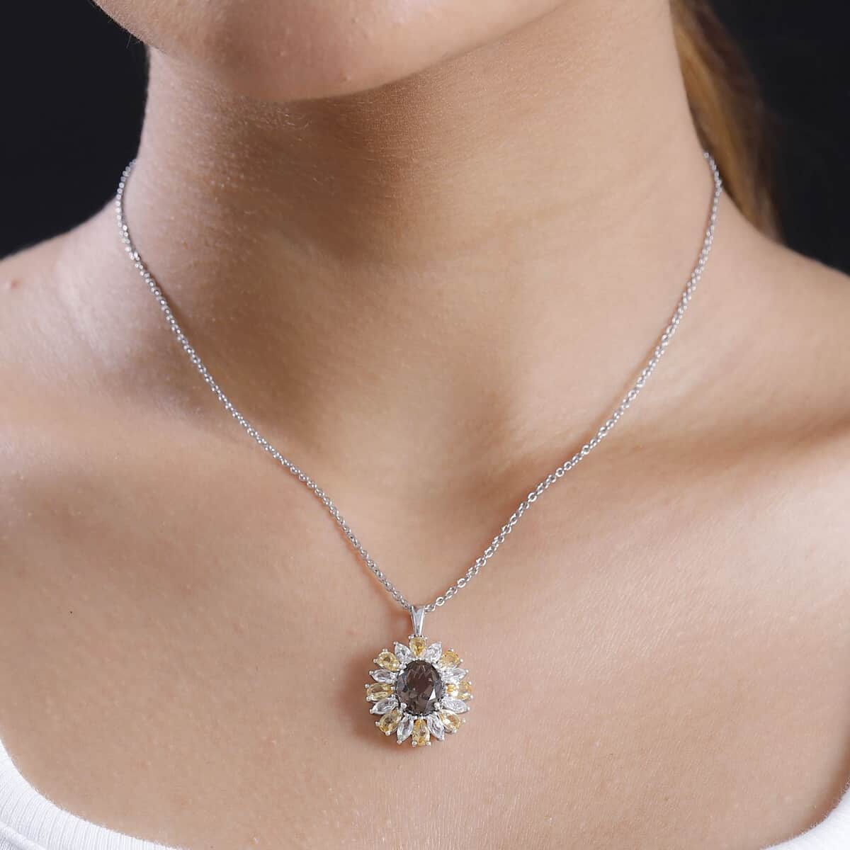 Brazilian Smoky Quartz and Multi Gemstone 5.50 ctw Sunlit Blossom Pendant in Rhodium Over Sterling Silver with Stainless Steel Necklace 20 Inches image number 2