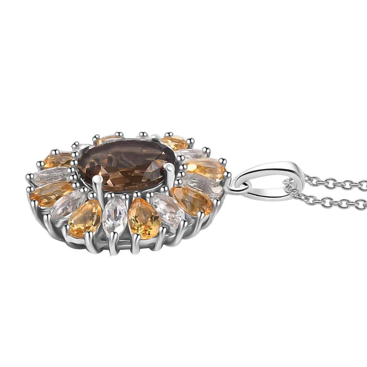 Brazilian Smoky Quartz and Multi Gemstone 5.50 ctw Sunlit Blossom Pendant in Rhodium Over Sterling Silver with Stainless Steel Necklace 20 Inches image number 3