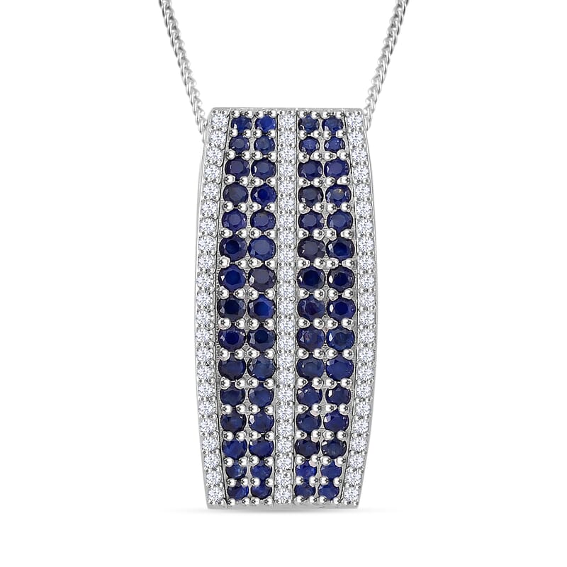Madagascar Blue Sapphire and White Zircon 2.60 ctw Pendant Necklace in Rhodium Over Sterling Silver 18 Inches