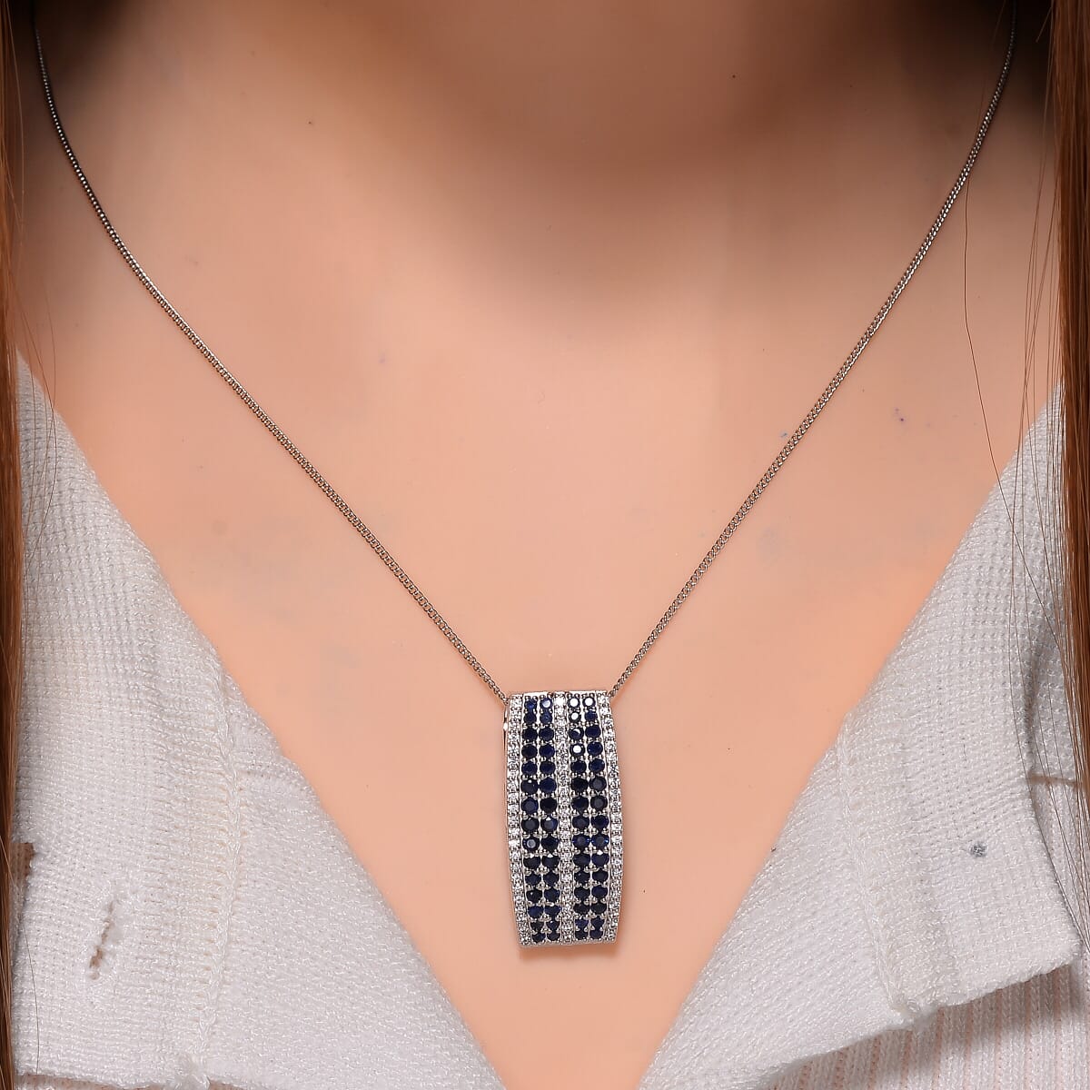 Madagascar Blue Sapphire and White Zircon 2.60 ctw Pendant Necklace in Rhodium Over Sterling Silver 18 Inches image number 1
