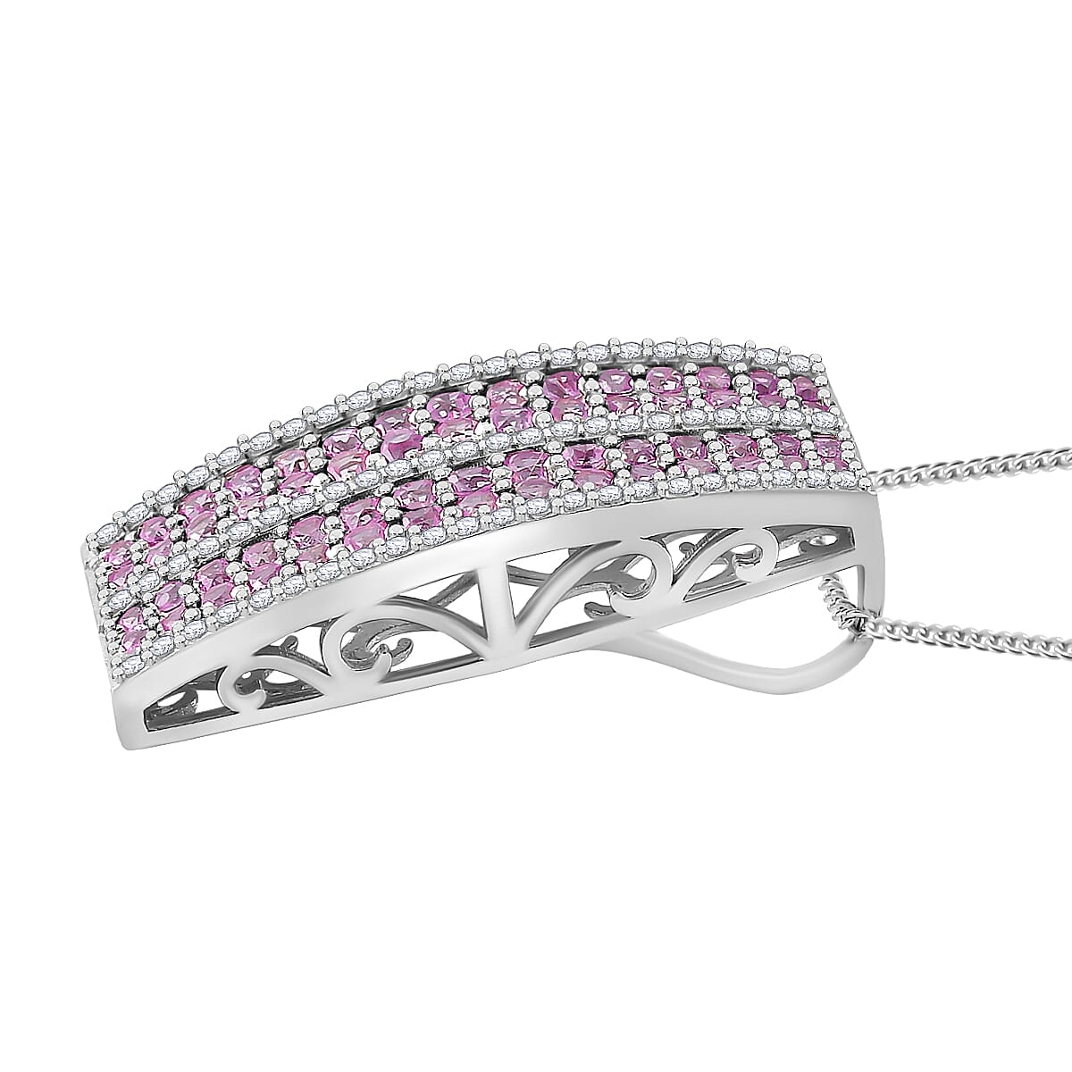 Madagascar Pink Sapphire and White Zircon 2.40 ctw Pendant Necklace in Rhodium Over Sterling Silver 18 Inches image number 1
