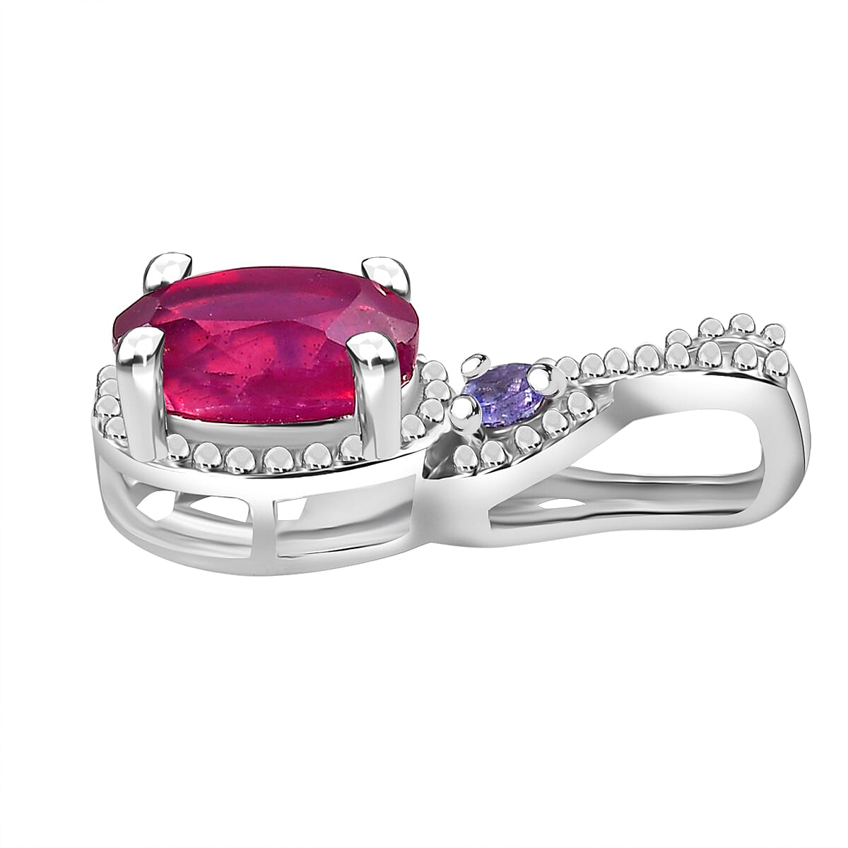 Niassa Ruby (FF) and Tanzanite 3.20 ctw Love Infinity Ring (Size 5.00), Stud Earrings and Pendant in Rhodium Over Sterling Silver